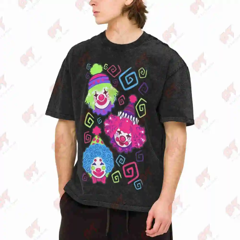 Neon Geometric Clown Face Circus Carnival Vintage Washed Tee Pure Cotton T-Shirt