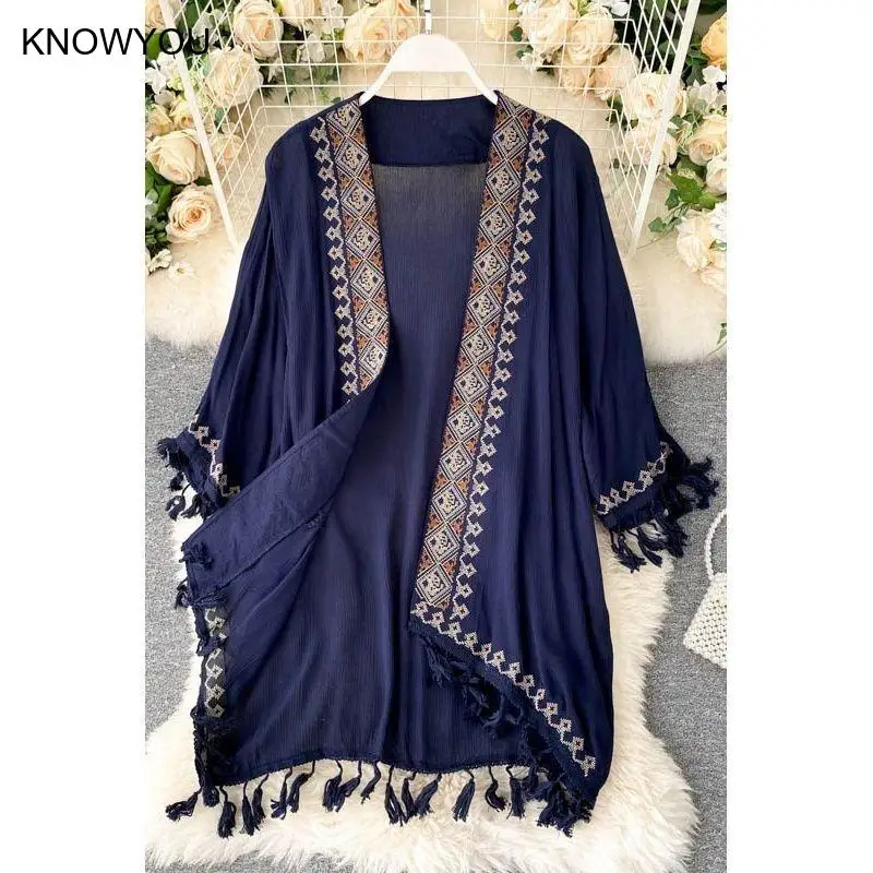 New Bohemian Retro Bikini Shawl Ethnic Print Sunscreen Cover Ups Thin Shirt Tops Thin Cardigan Tops Women Tassel Pashmina