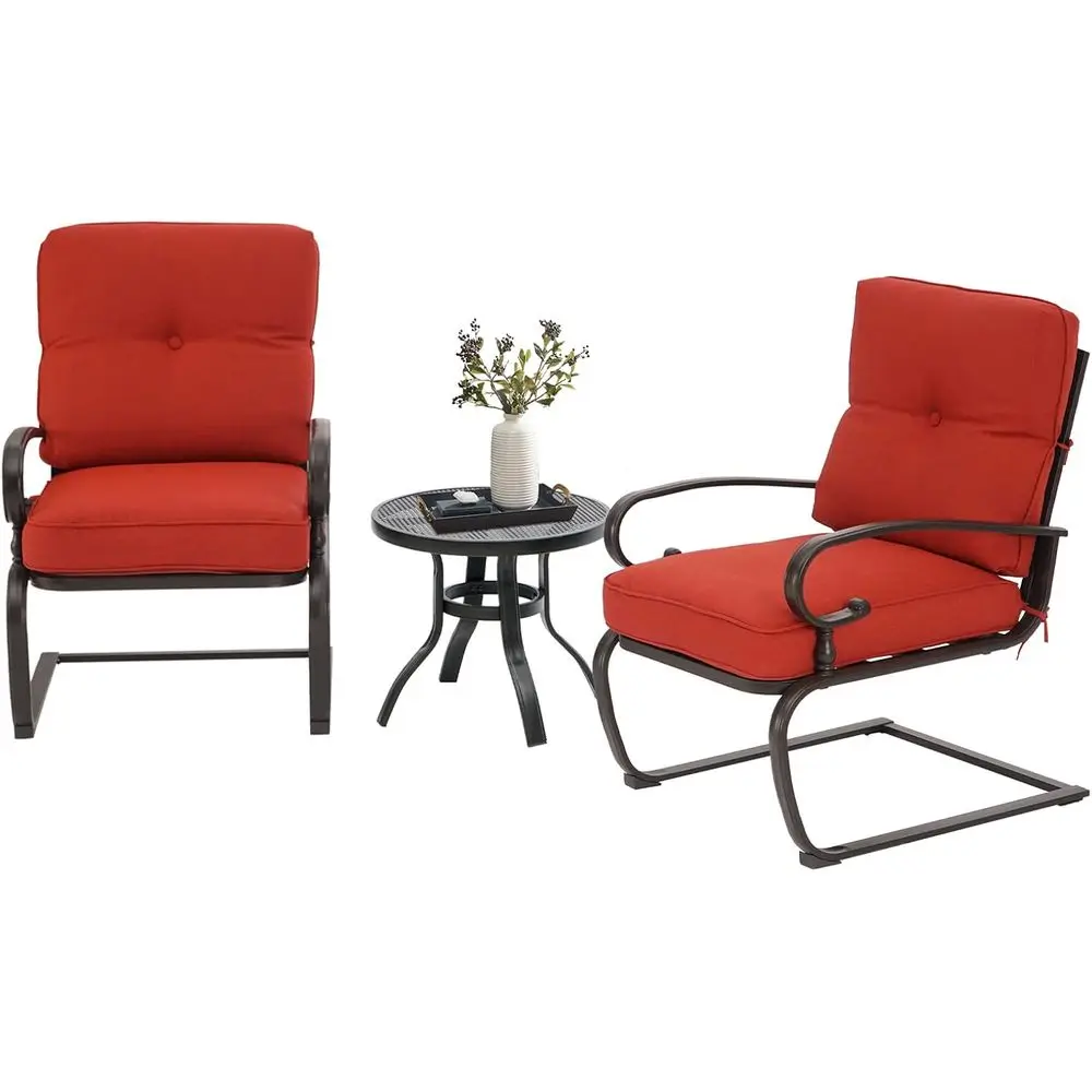 

3-Piece Spring Metal Outdoor Bistro Set with Cushioned Chairs and Wrought Iron Table, Red