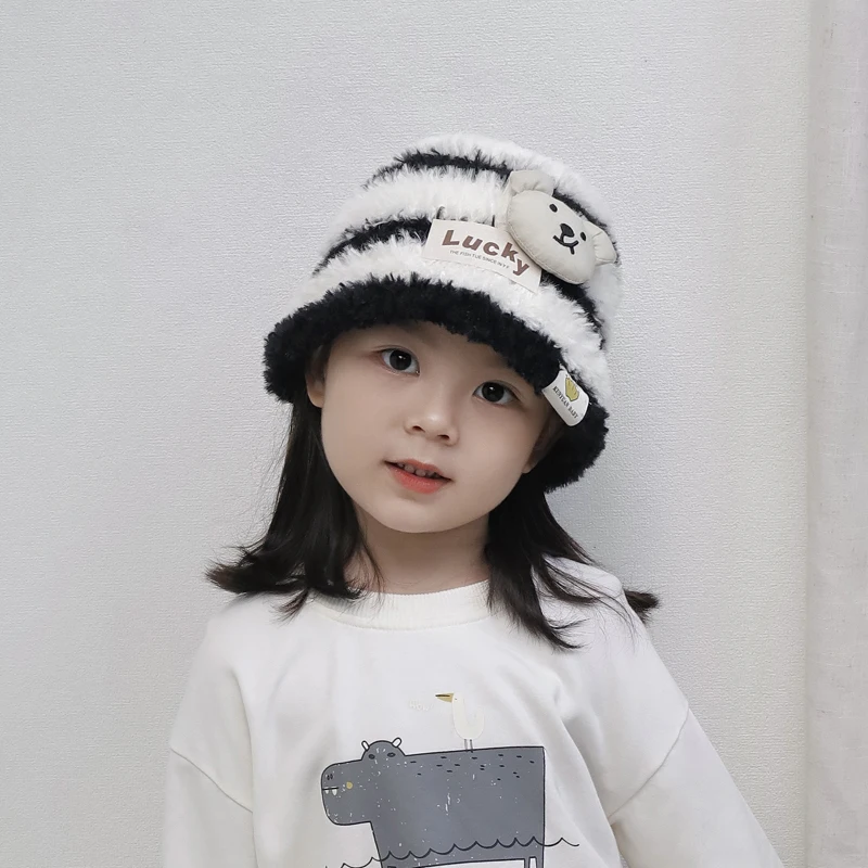 Autumn Winter Lovely Cartoon Bear Stripe Baby Fisherman HatS For Kids Boys Girls Soft Warm Ear Protection Children Bucket Caps