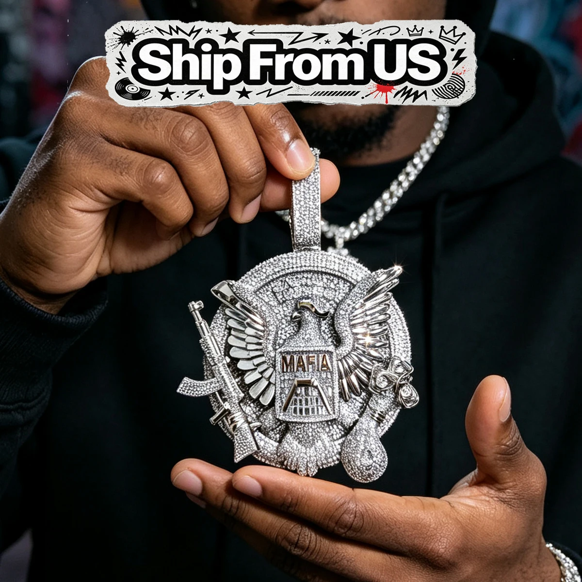 3 Color Hip Hop Necklace Charm 3D Design With Eagle Gun Rose And Money Bag Symbol Statement Bling Fine Jewelry Gift For Rapper Street Style Party Daily Stage Performance Shiny CZ 18K Gold Plated Iced Out Mafia Eagle Pendant