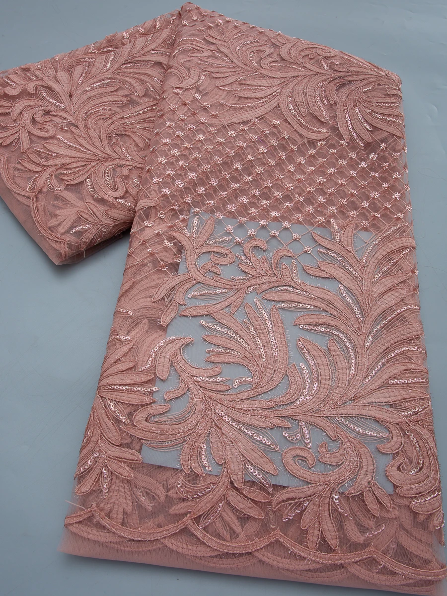 

Luxury Dusty Pink French Mesh Lace Fabric, Embroidered Net Lace with Sequins for African Nigerian Wedding & Aso Ebi Dresses