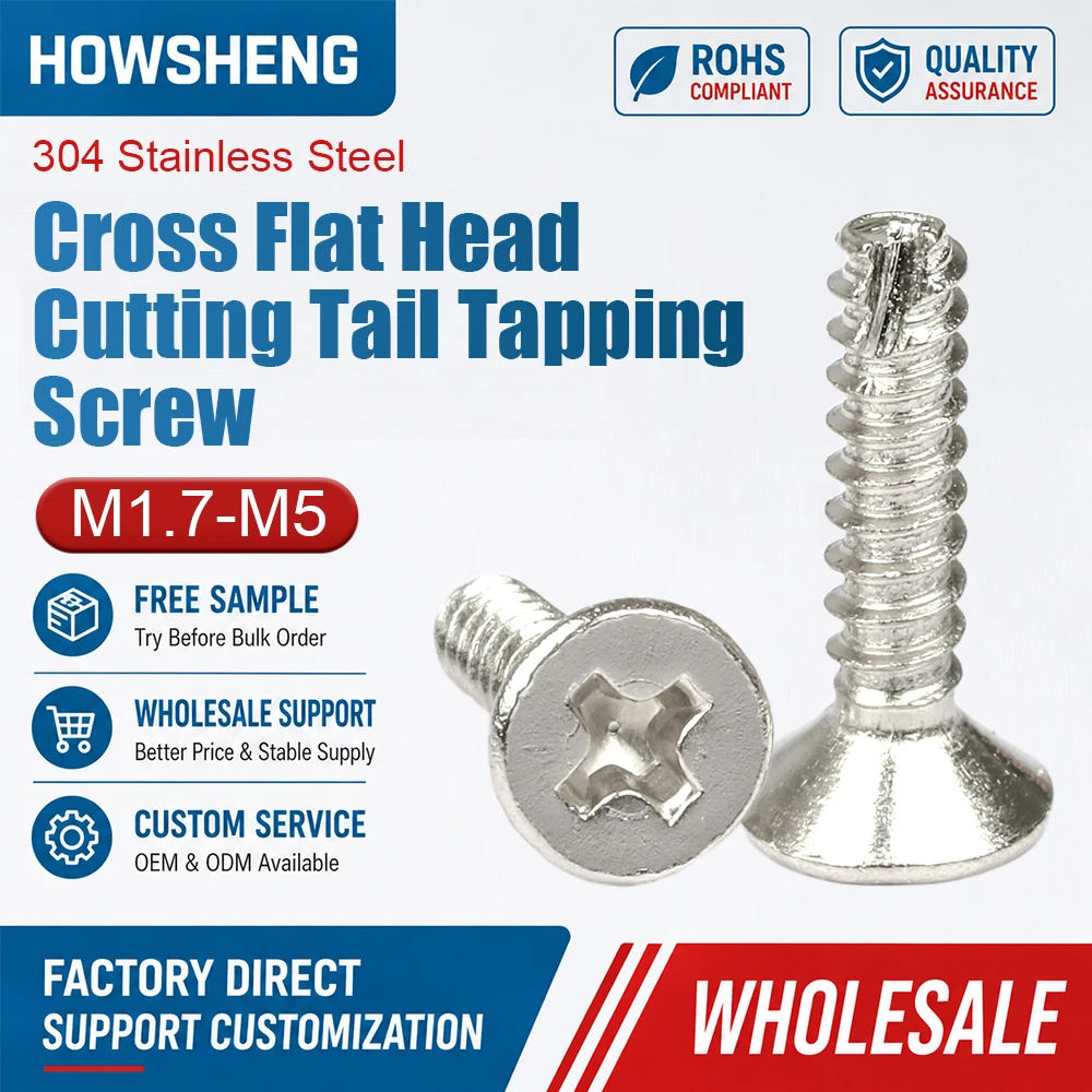 HOWSHENG 20-100pcs Phillips Flat Head Cutting Tail Self Tapping Screws 304 Stainless Steel KT Wood Screws M2 M2.3 M2.6 M3 M4 M5