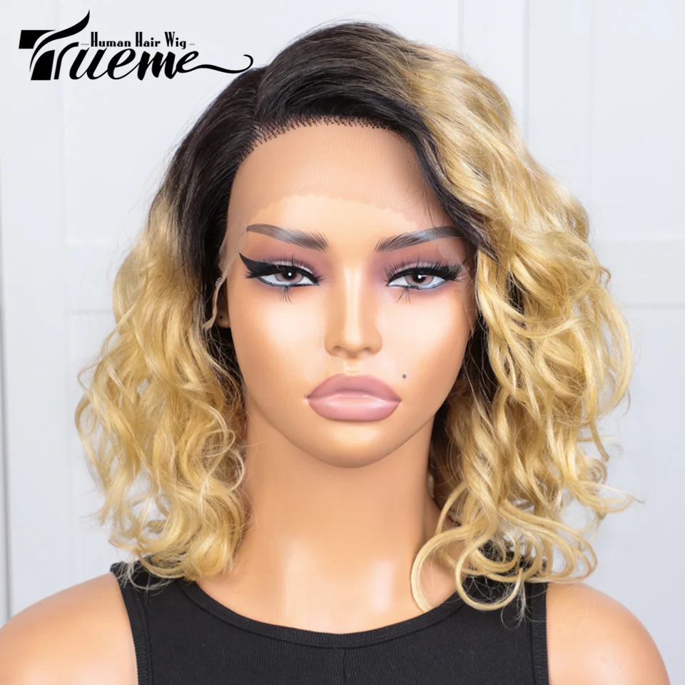 Trueme 613 Lace Front Wig Human Hair Wigs Brazilian Bouncy Curly Bob Wig Ombre Honey Blonde 613 Human Hair Lace Wig For Women