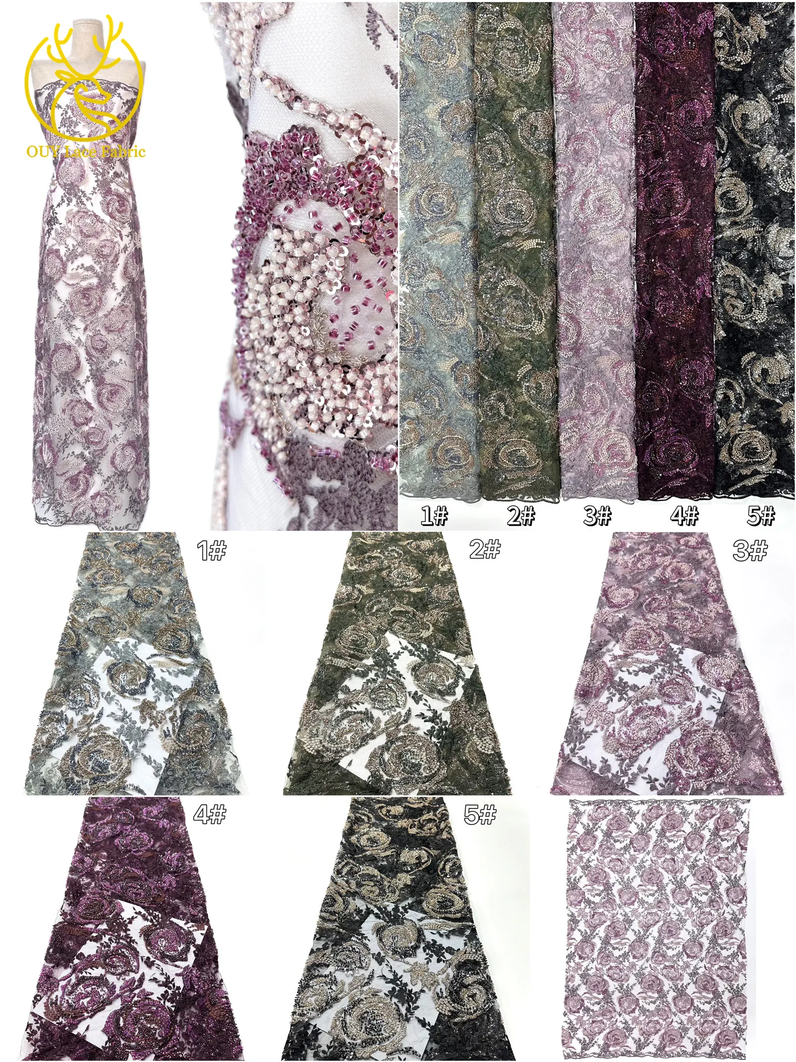 Modisches Kleid mit Stickerei, Spitze und Pailletten, Afrikanischer Spitzenstoff 2026, Rosa Französische Perlen-Spitze, Nigerianisches Partykleid, Nähzubehör 5Y – Detail 3