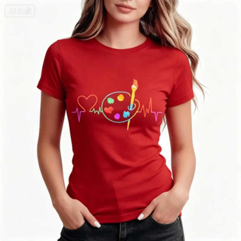 Colorful Geometric Women's Casual Crew Neck T-Shirt with Heart Paint Palette Print for Summer Casual Comfortable  Clothing