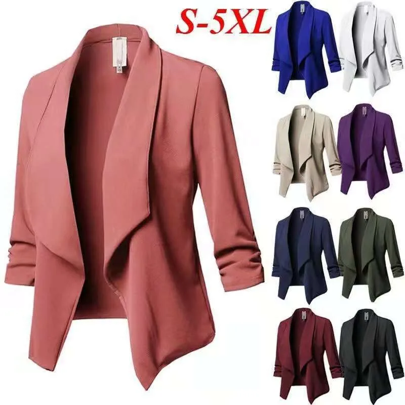 

New Female OL Blazer 5XL Plus Size Long Sleeve Pleated Slim Cardigan Business Office Working Fashion Casual Outerwear Coat