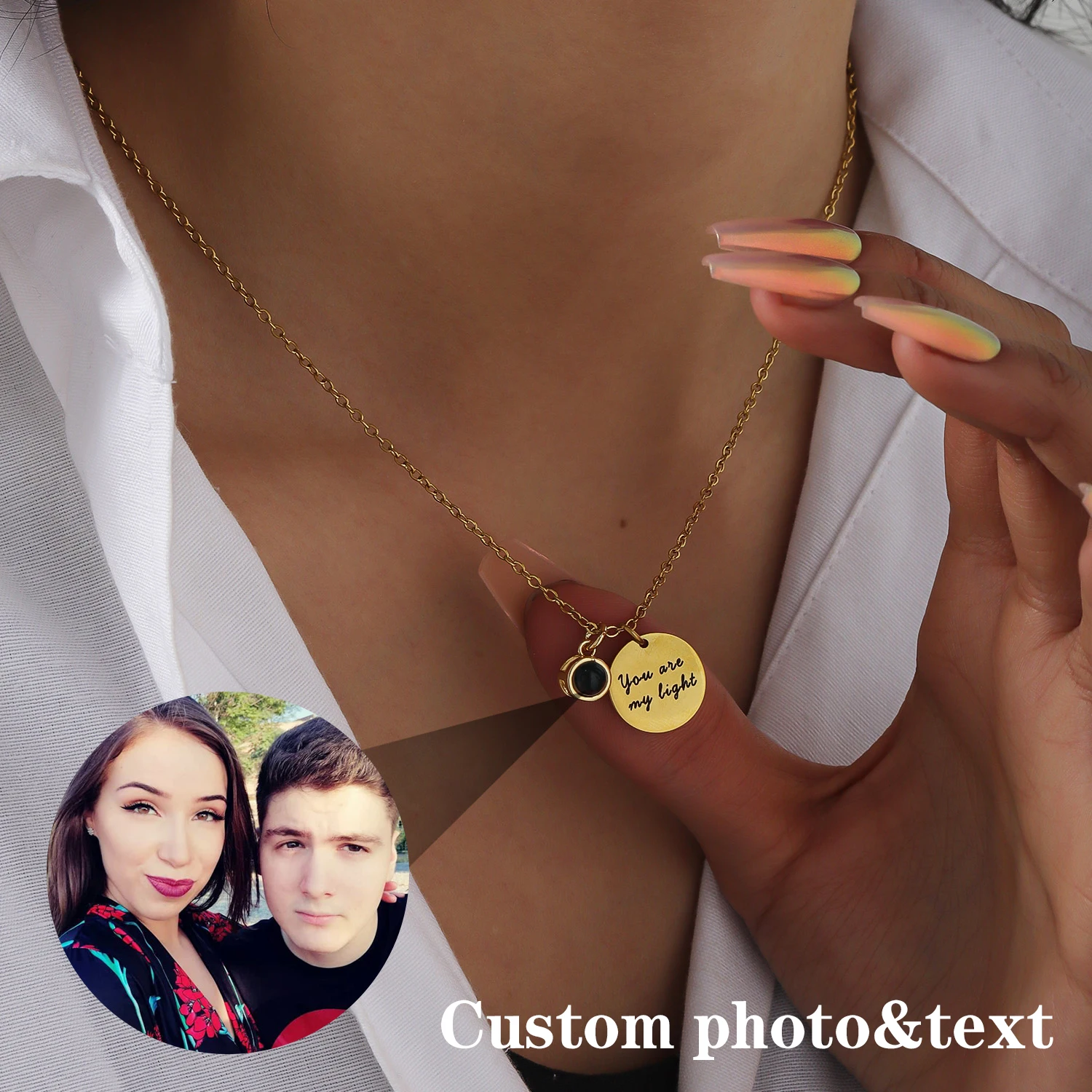 

Ожерелье с фотографией на заказ, позолоченная цепочка O Link, круглая выгравированная пластина, персонализированные украшения с памятью, Рождественский подарок для любимых