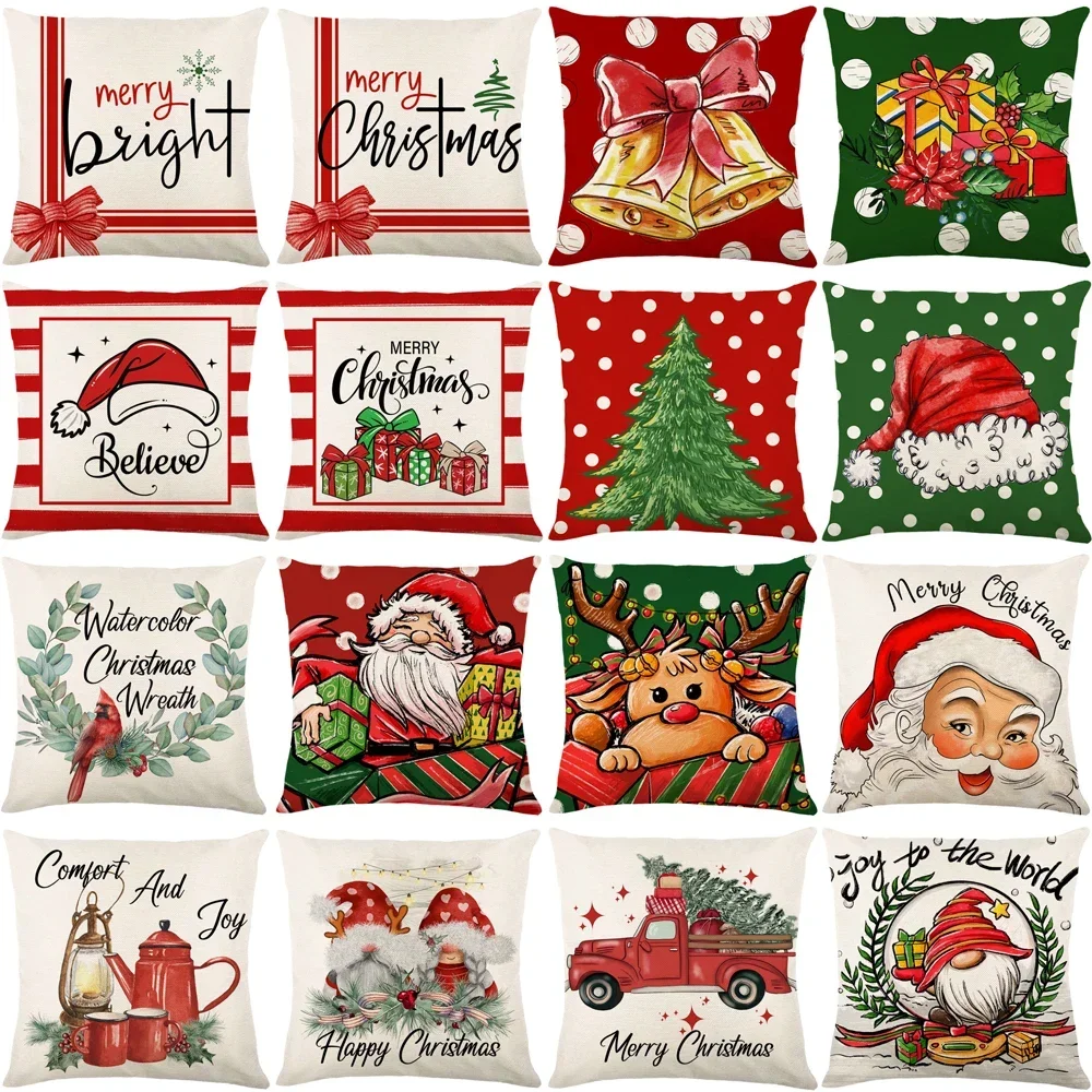 Christmas Cushion Cover 45x45cm 18x18Inch Xmas Gifts Santa Reindeer Red Truck Christmas Tree Printed Pillow Covers