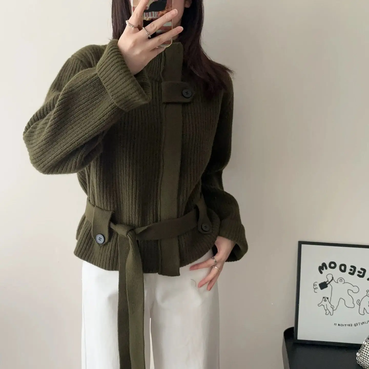 Kimutomo New Autumn Winter Women Stand Collar Waist Cinching Knit Cardigan Slim Fit Elegant Sweater Outerwear