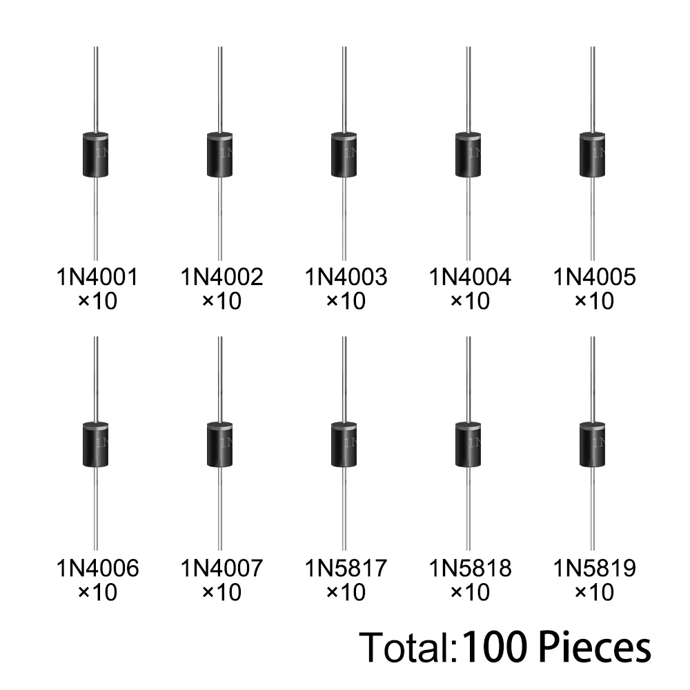 100PCS 1N4004 1N4005 10 Values Rectifier Diode Assorted Kit 1N4001 1N4002 1N4003 1N5819 with Box 1N4006 1N4007 1N5817 1N5818
