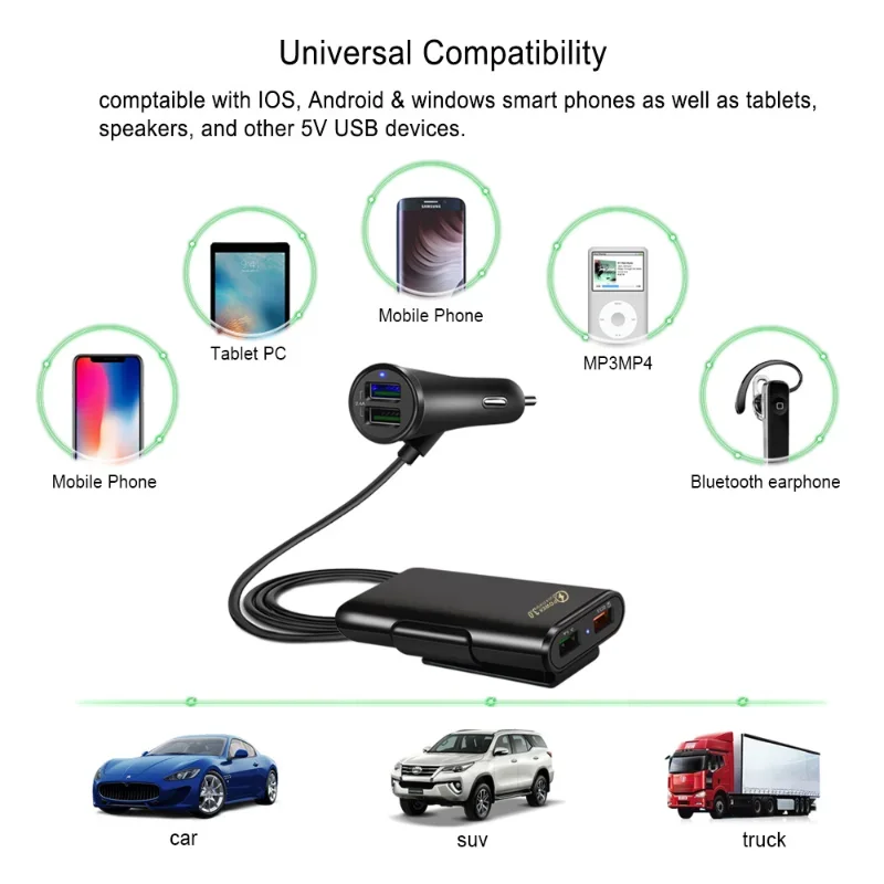 QC3.0 4 Ports Car USB Charger Fast Charging Cigarette Lighter Power Adapter for iPhone Huawei with 1.7M Extension USB HUB Cable