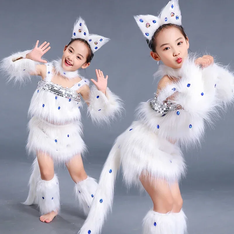 

Женский костюм для косплея с кошкой, белый костюм для косплея девочки с лисой, танцевальный костюм животного, костюм на Хэллоуин