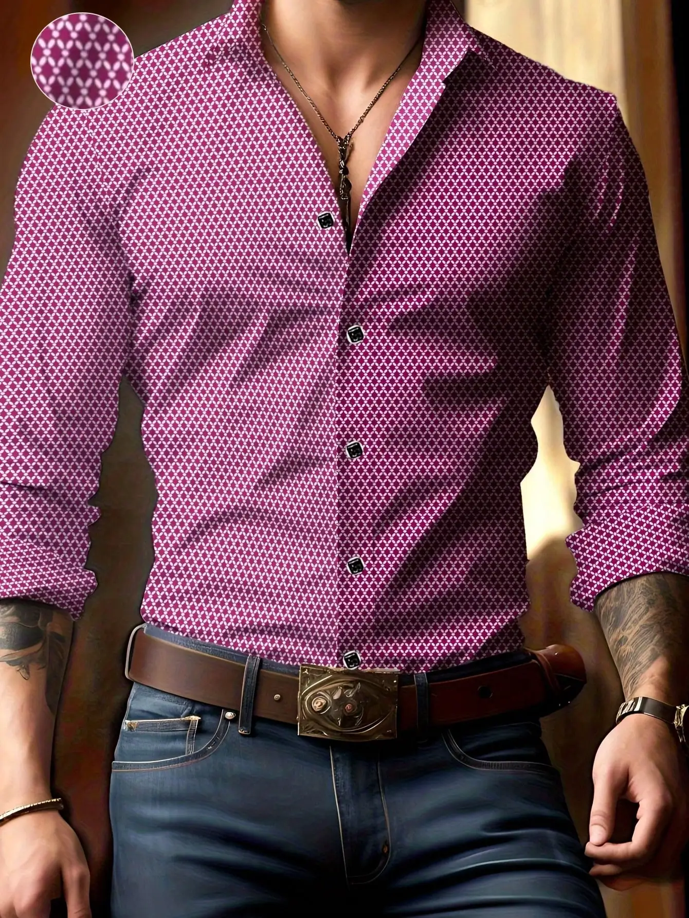 

Men's Long Sleeve Button-Up Shirt with Geometric Print, Wrinkle-Resistant, Business Casual