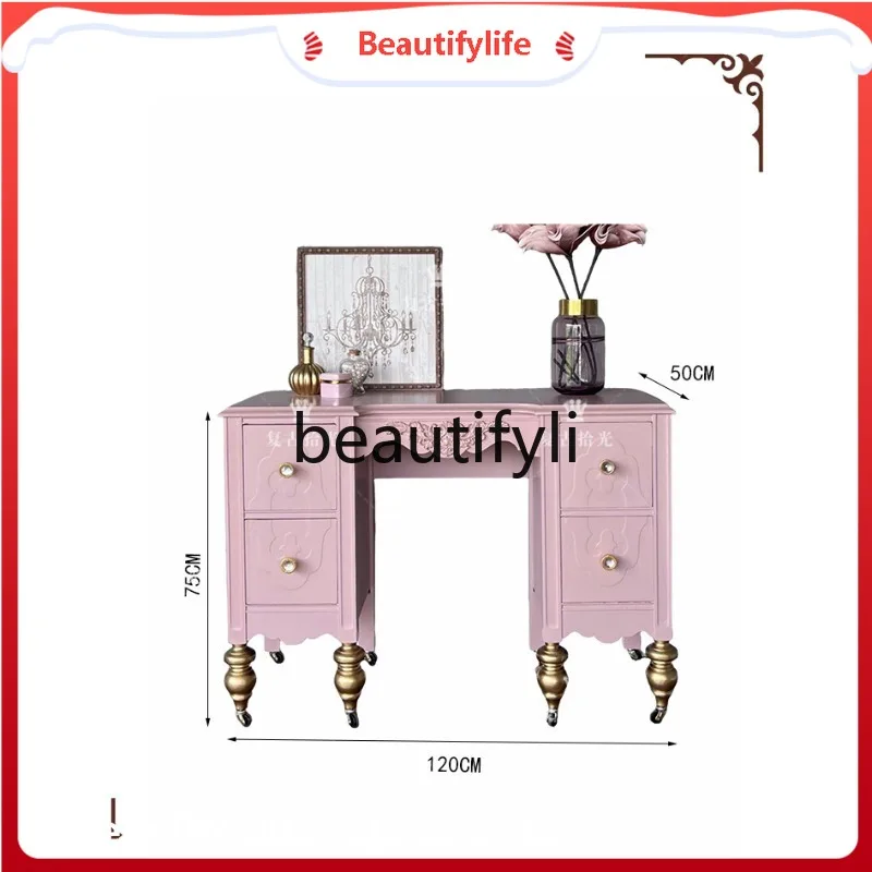 

CQY French Retro Solid Wood Carved Entrance Cabinet Living Room Decorative Cabinet Storage Cabinet Pink