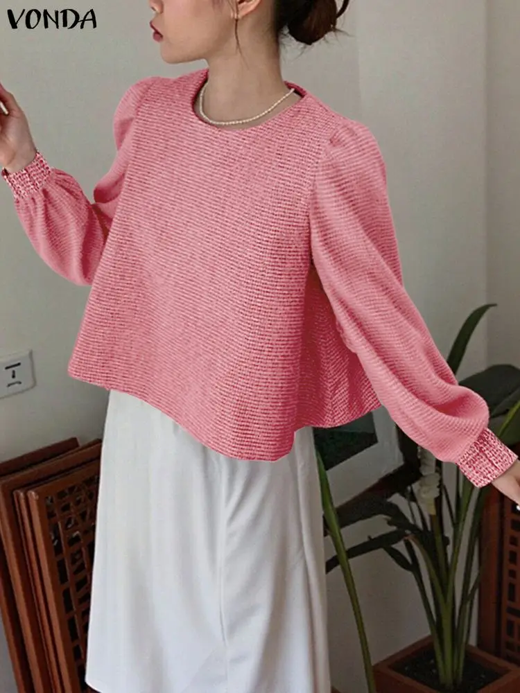 

VONDA Women Fashion Blouse Long Sleeve Tops 2025 Autumn Solid Puff Sleeve Elegant Office Lady Shirts Korean Tunic Casual Blusas