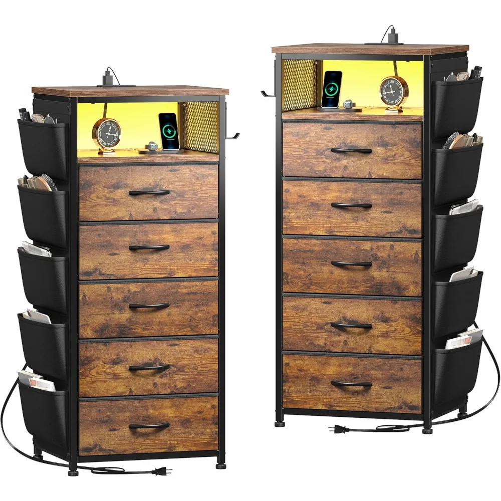 

Exquisite Tall Night Stand Set 2 with 5 Drawers, LED Nightstand with Ports & Outlets, Bedside Table with Extra Side Bag & Storag