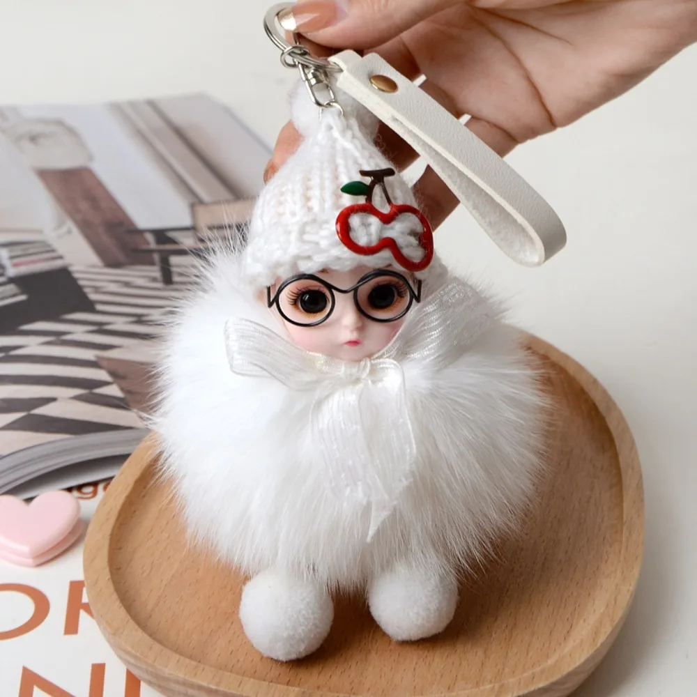 Eye Glass Doll Cute Pompom Keychain Real Fur Ball Plush Pompom Doll Keyring Cherry Car Key Ring Baby Doll Ball Key Chain