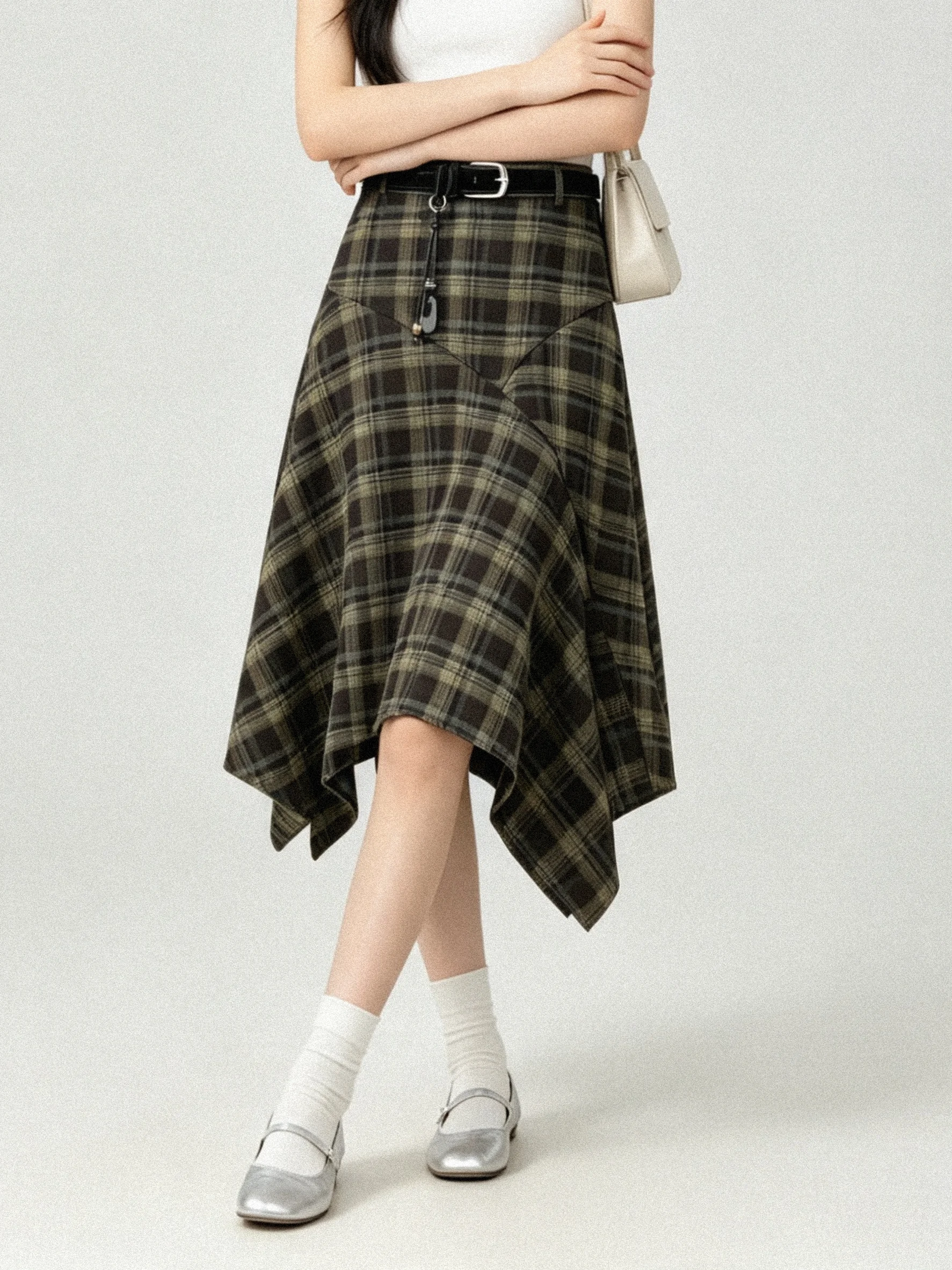 Autumn Winter High Waist A-Line Skirt Korean Style Checkered Woolen Midi Skirt Slimming Asymmetrical Office Commute Skirt
