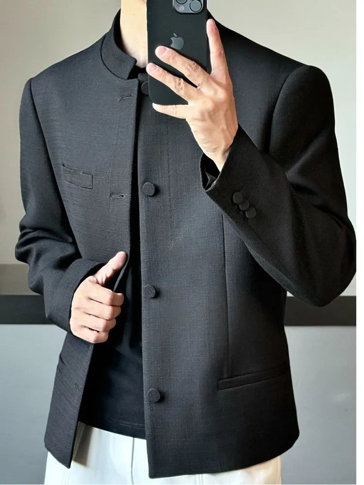 

Новый китайский мужской пиджак в деловом стиле с подплечниками, модный повседневный пиджак с длинным рукавом и воротником-стойкой