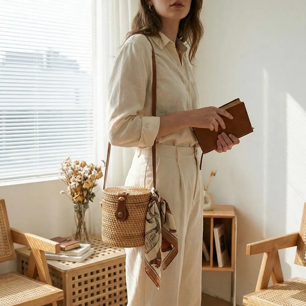 

Casual Bohemian Rattan Weave Bag Square Hollowed Out Straw Shoulder Bag Handbag Ethnic Style Buckle Bag Summer