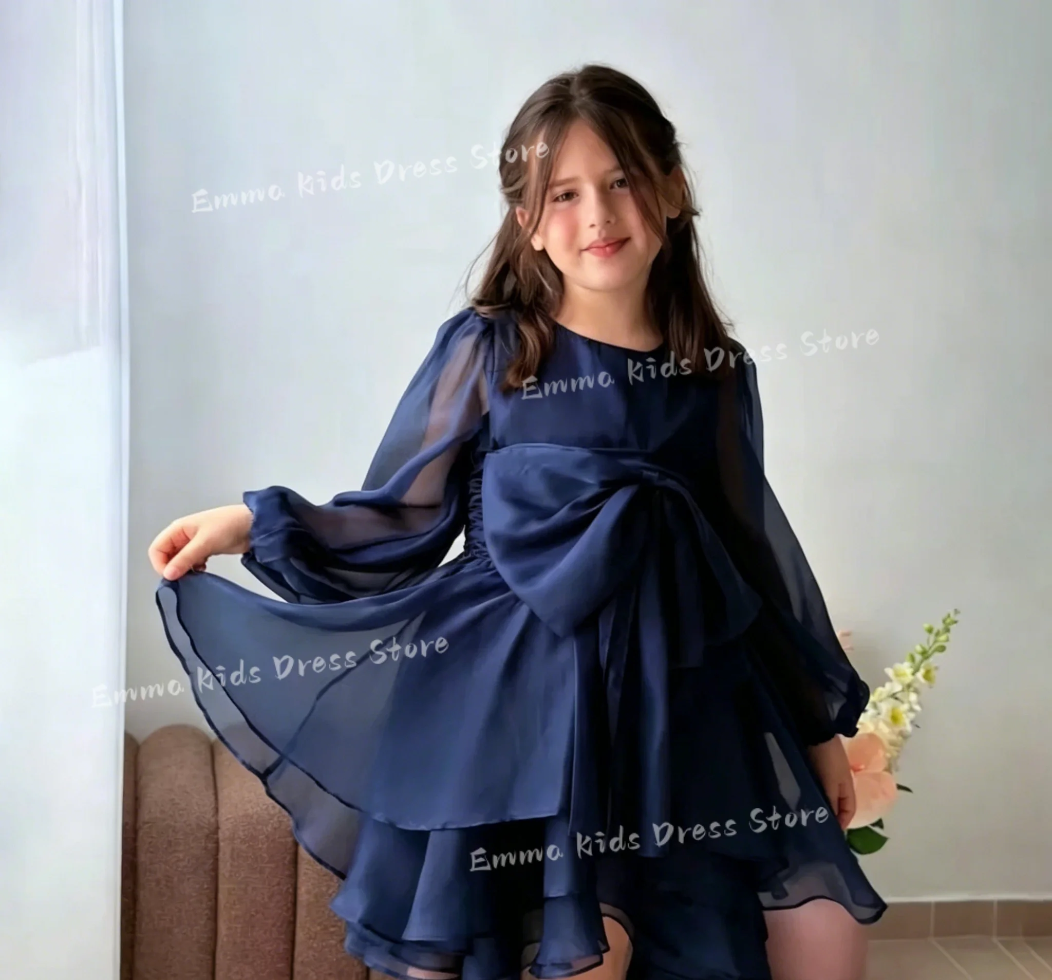 

Navy Blue Gorgeous Chiffon Flower Girl Dress Formal Occasion O NeckA Line Party Gown Kid Simple Full Sleeves Outfits Customized
