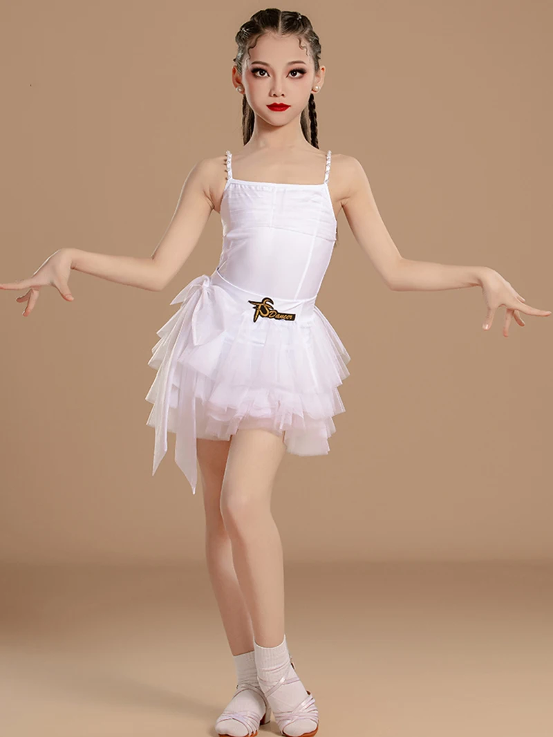 

Kids Girls Pearl Spaghetti Strap Backless Bodysuit and Bowknot Tutu Skirt Latin Dance Costume Dancewear Ballroom Set