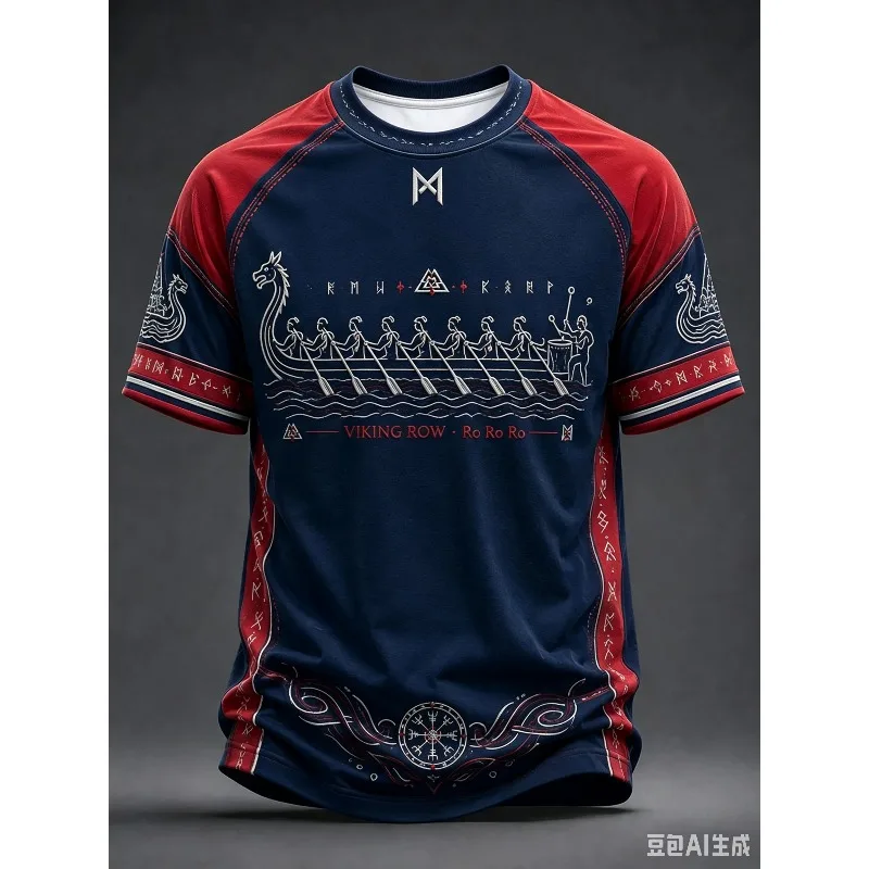 Red Viking Longship Graphic Soccer Jersey Viking Print Crew Neck Quick Drying Unisex Norse Rune Casual Sports Football T-shirt