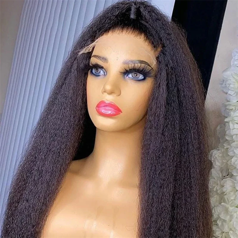 Black Yaki Kinky Straight Soft Long 26Inch Lace Front Wig For Black Women  With BabyHair Preplucked Synthetic Glueless Daily Wig