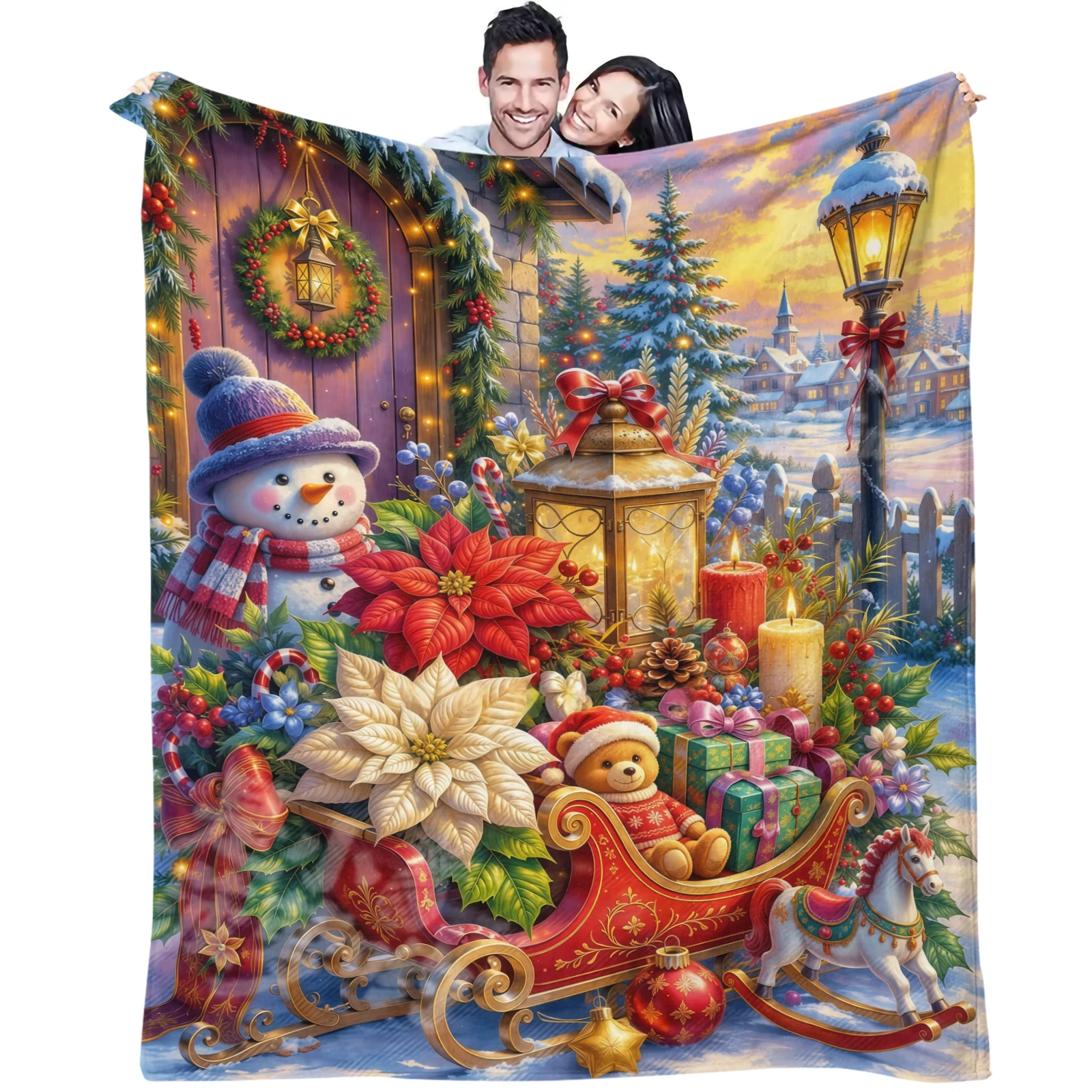 Vintage Christmas Snowman Sleigh Flannel Blanket, Festive Holiday Warm Throw Blanket for Sofa Bed
