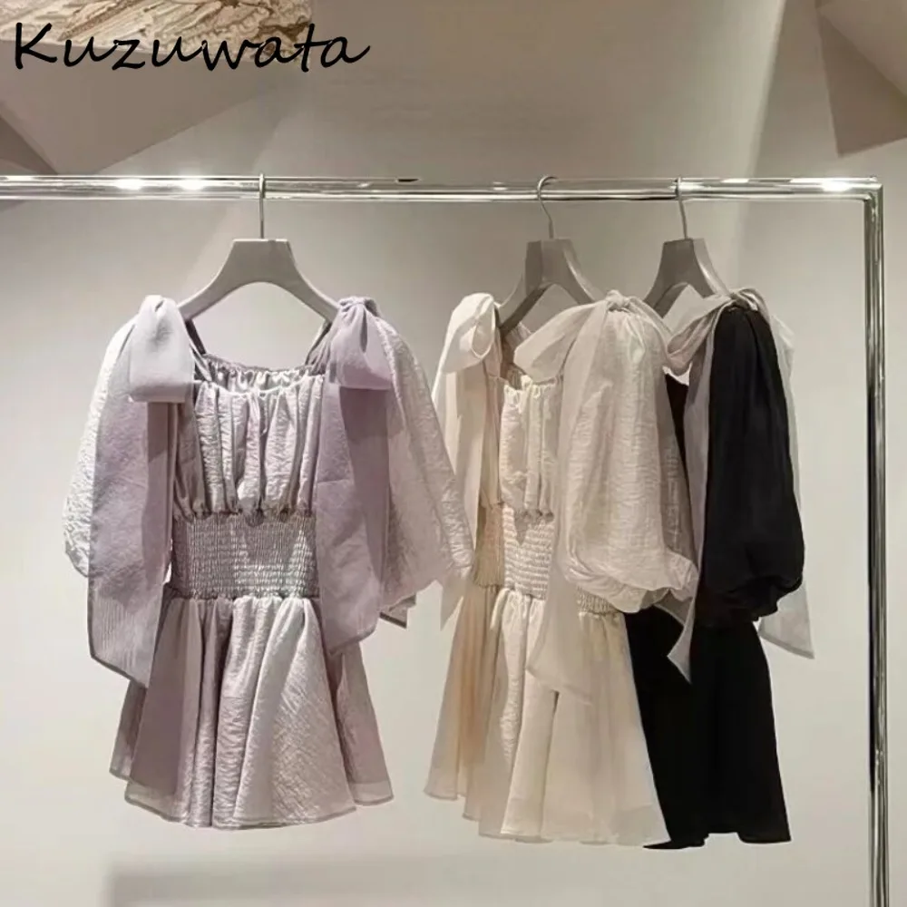 Kuzuwata Sweet Slash Neck Puff Sleeve Ruched Dress Off Shoulder Elegant Panelled Loose Vestidos Japan Solid Bow Slim Fit Robe