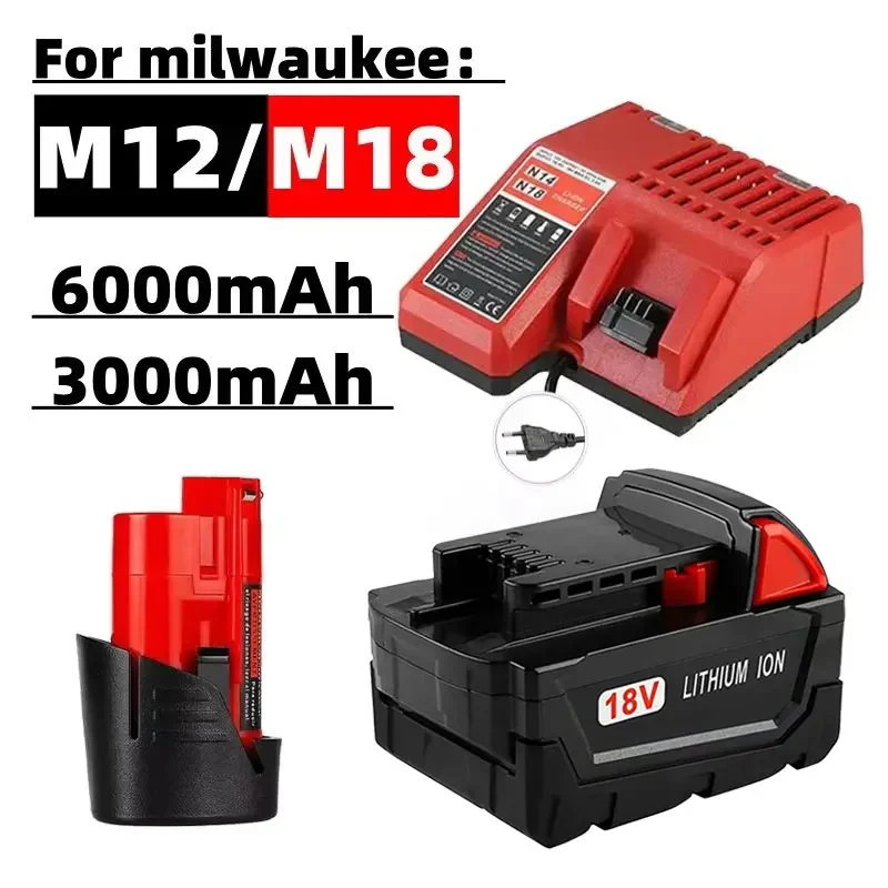 For Milwaukee M18 Power Tool Battery, Charger, BR, XC, 18V, 6000mAh M18B5, 48-11-1860, Built-in 18650 Battery 2025