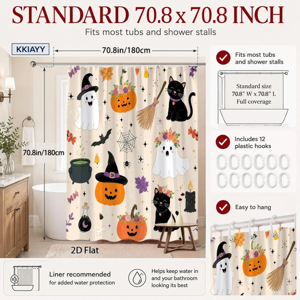 1pc Halloween Shower Curtain Cute Spooky Ghost Black Cat Pumpkin Witch Broom Spider Web Floral Fall Theme Bathroom Decor Polyest