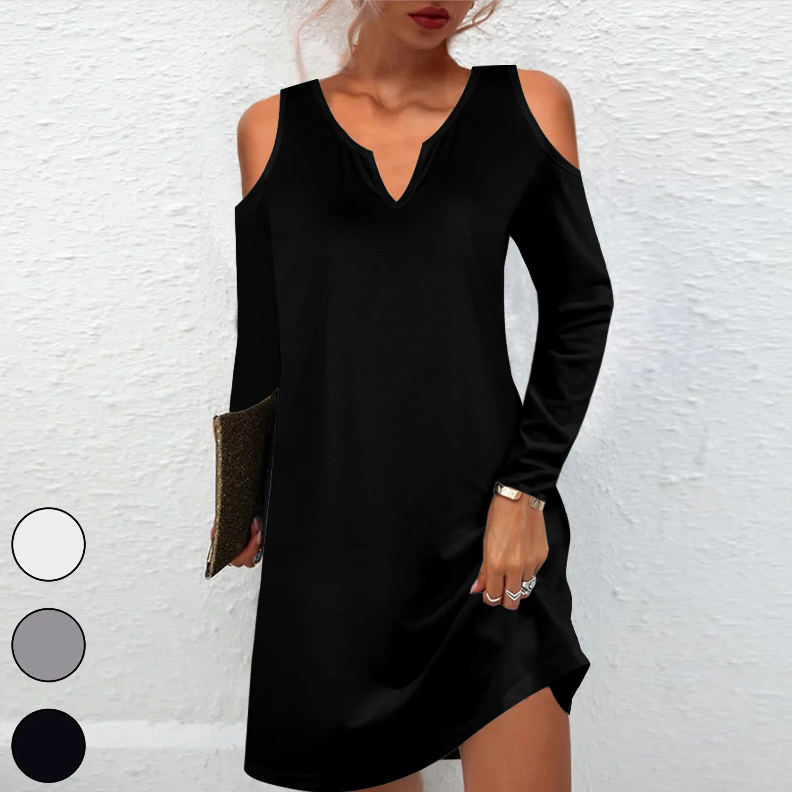 

2022 Autumn Winter New Women's Clothing Casual V Neck Off Shoulder Solid Color Slim Sling Dress Pullover Long Sleeve Party