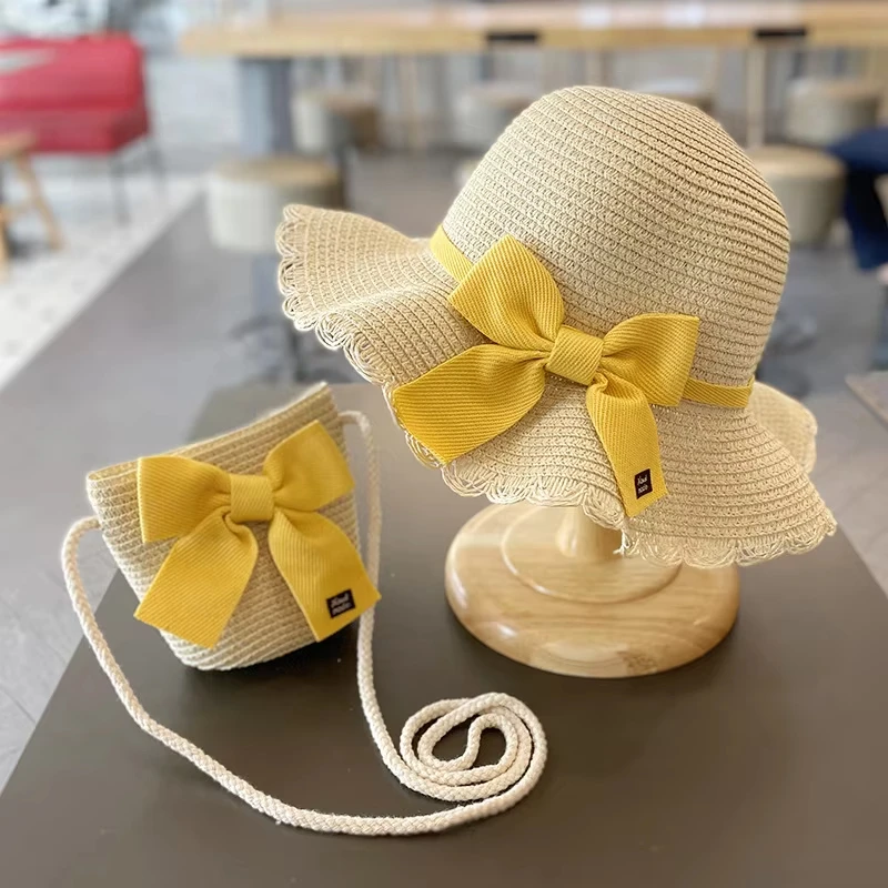 

Children Straw Hat and Shoulder Bag Girls Summer Outdoor Beach Cap Cute Bow Travel Beach Sun Hat Crossbody Bag