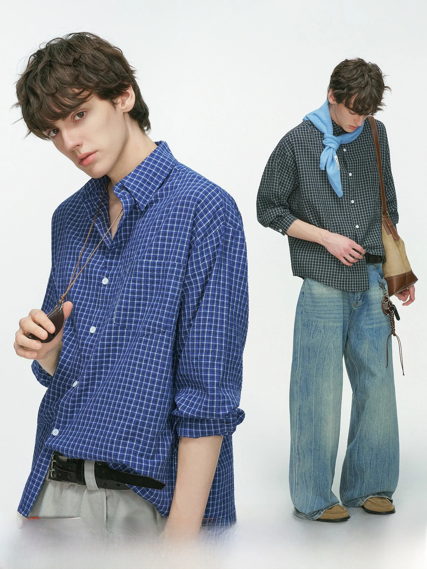 

Dream Made High Intelligence Blue Plaid Long Sleeve Men's Casual Shirt Couple's Outerwear Spring Summer Cotton Polyester