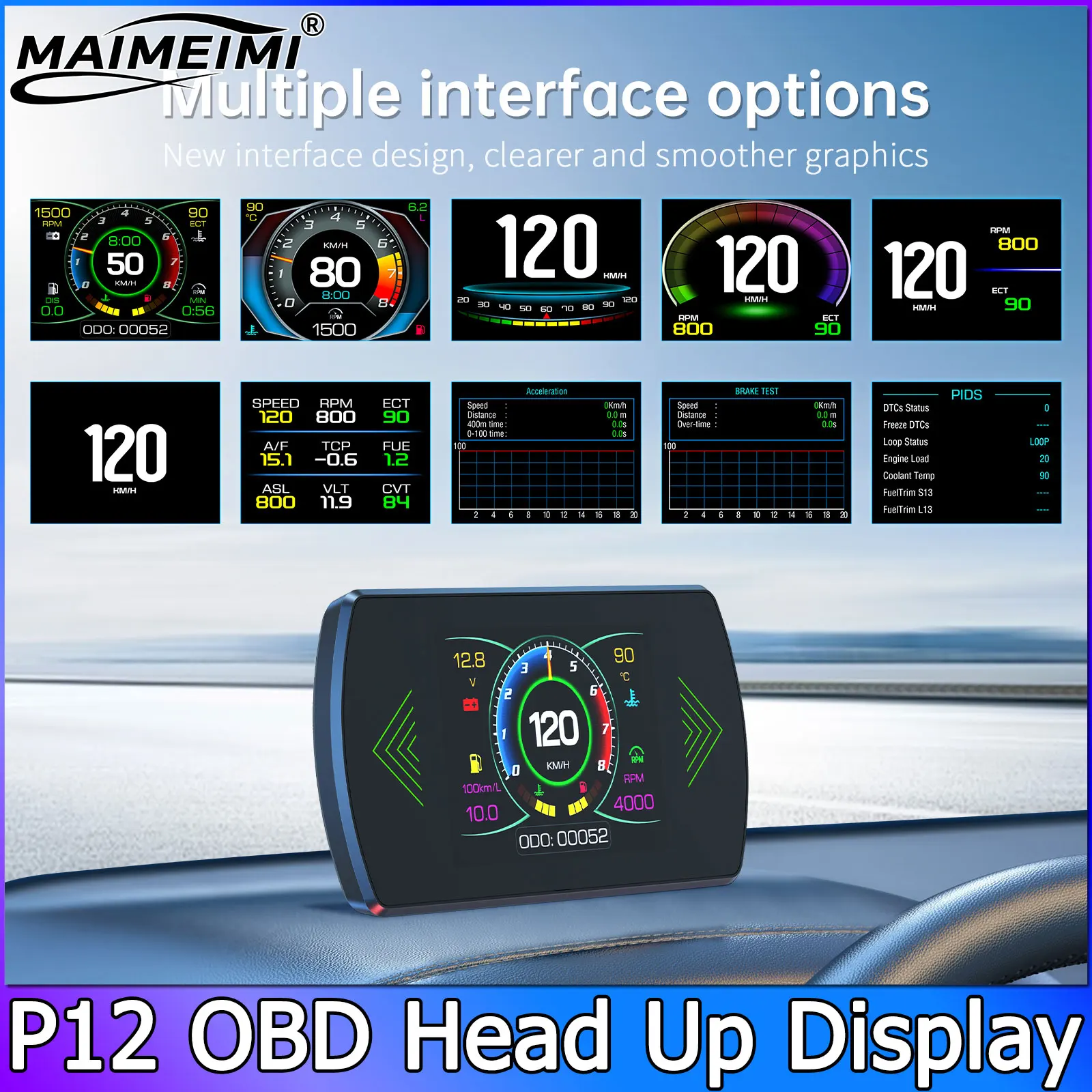 Car Speed Gauge On-Board Computer P12 OBD2 HUD Head Up Display Smart Digital Tachometer Speedometer ECT Water Oil Temperature