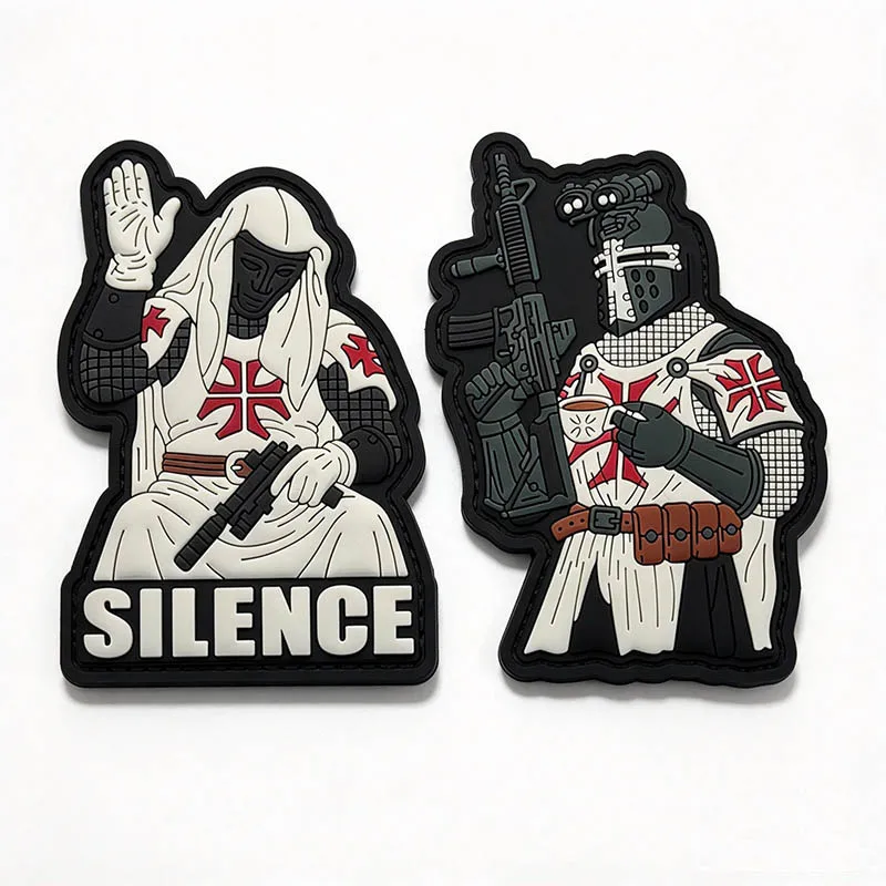Knights Templar Crusader Silence Morale Emblem PVC Rubber Patch with Hook Military Applique Tactical Badge for Backpack Jacket