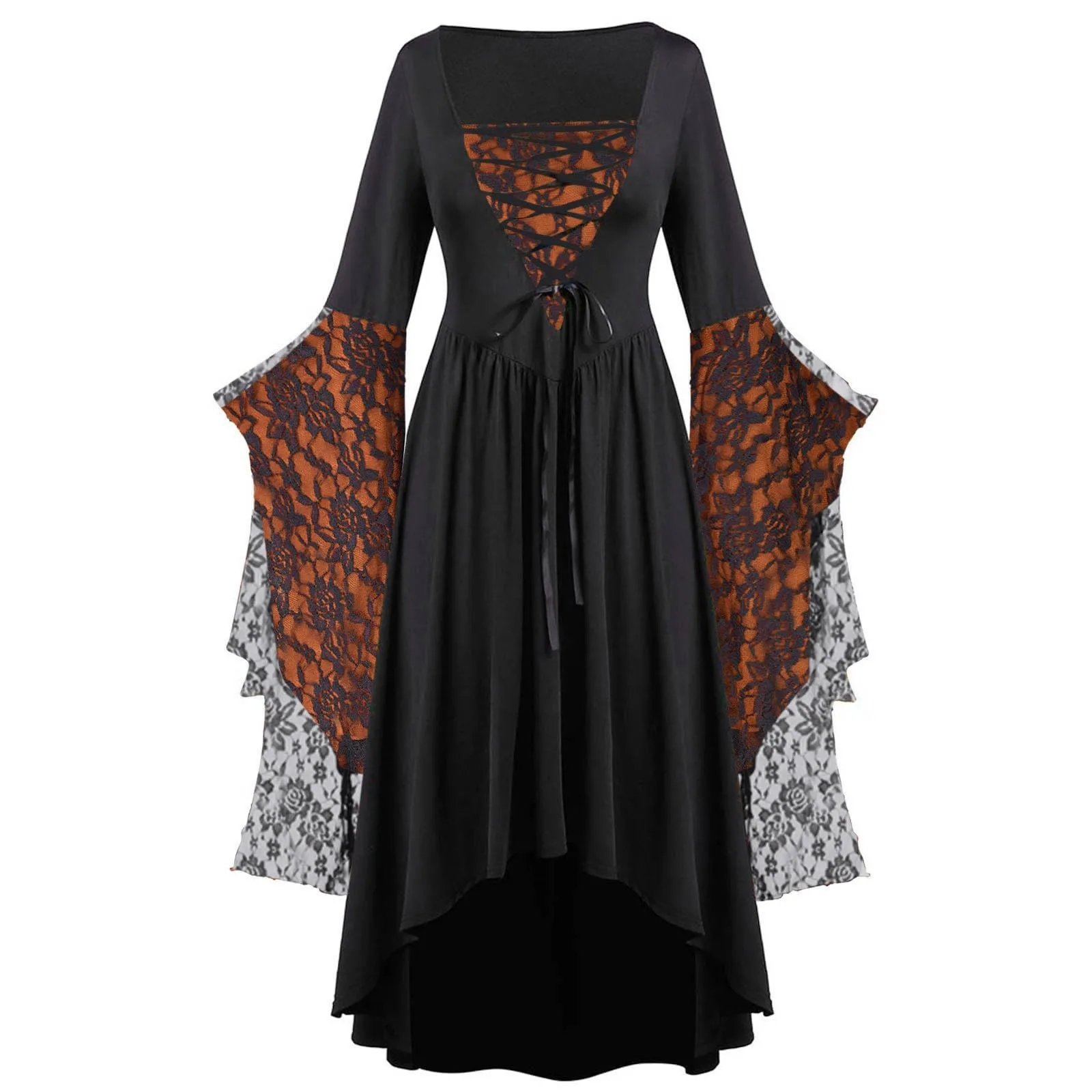 Women Dress Medieval Witch Dress Costume Halloween Mesh Lace Big Swing Carnival Plus Size Butterfly Sleeve Gothic Punk Dresses