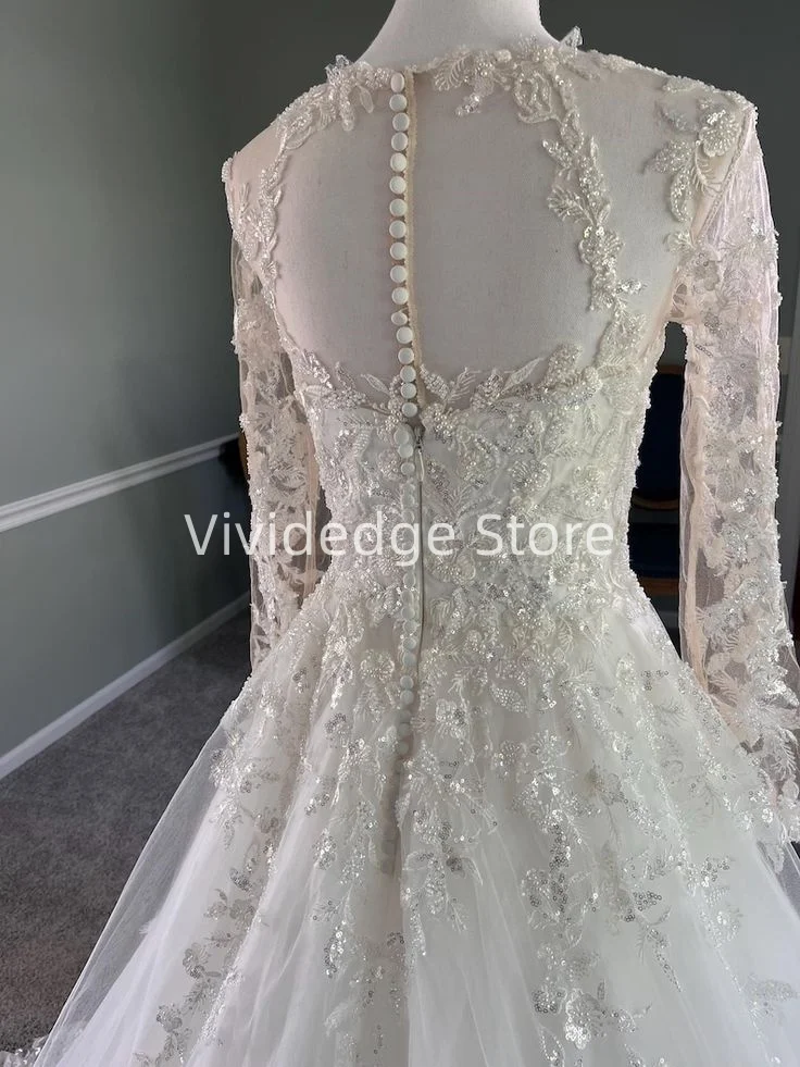 Customized Beaded Dress Modest Haute Couture Wedding Dress with Illusion Neckline and See Through Sleeves vestidos de noche