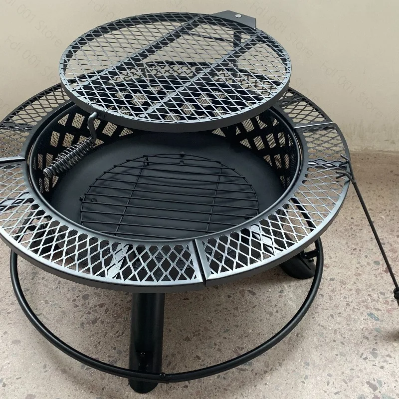 Round Outdoor Fire Pit BBQ Grill, Patio Heating Stove Charcoal Fire Bowl for Courtyard Camping