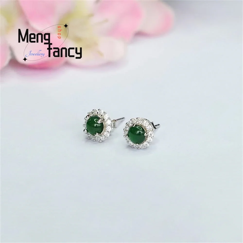 S925 Silver Natural Jadeite In Ice Type Imperial Green Earrings Exquisite Elegant Simple High-grade Luxury Quality Fine Jewelry