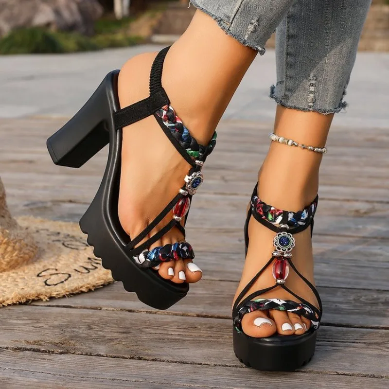 2026 New Summer Style Women's Ethnic Style Thick-Soled Chunky Heel Sandals   Open-Toe Roman Shoes