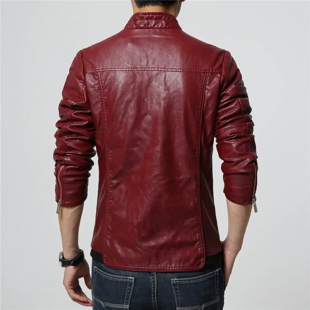 2024 New Mens Fashion PU Leather Jacket Men Stand Collar Slim Biker Jacket High Quality Men Coat Solid Color Leather  Jacket