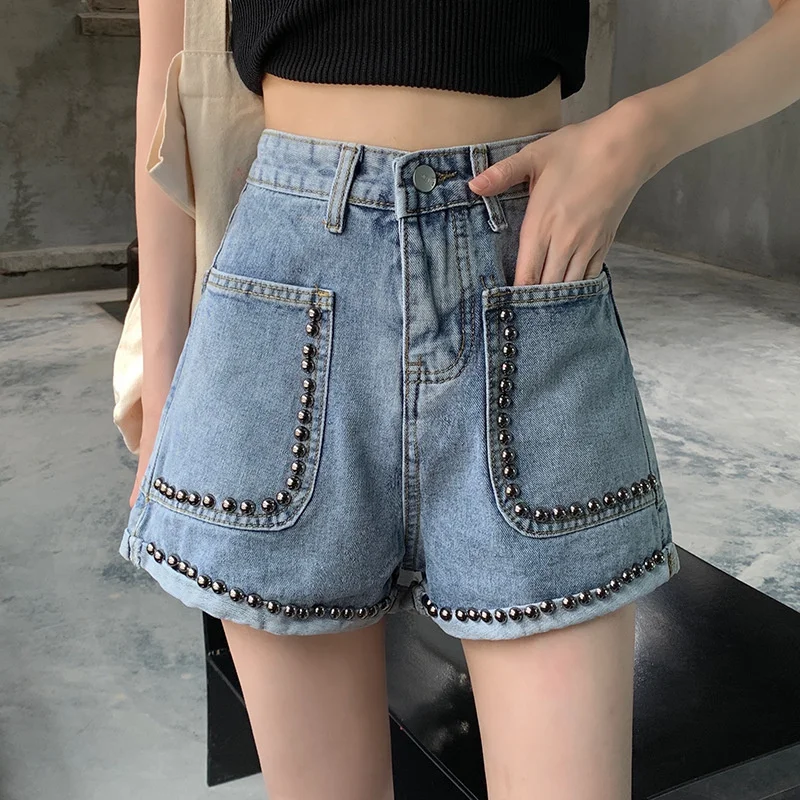 

Rivet Denim Shorts for Women High Waist Solid Female Blue Jean Shorts Skirt Summer Fashion Casual Ladies Shorts