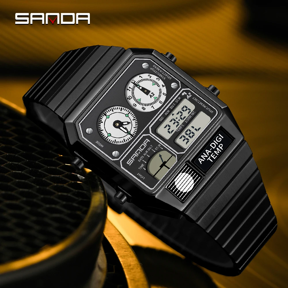 2024 New Sanda 3192 Led Electronic Square Men's Youth Casual Count Down Multi-function Thermometer Stopwatch Chronograph Watch