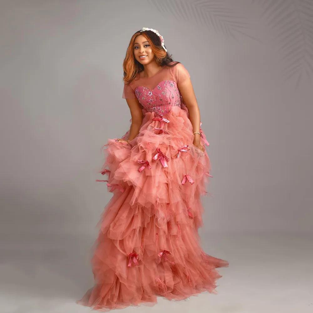 

Pretty Layered Tulle Long Women Skirts With Cute Bow Decoration A-line Tutu Tulle Women Skirt For Photoshoots Bridal Skirt