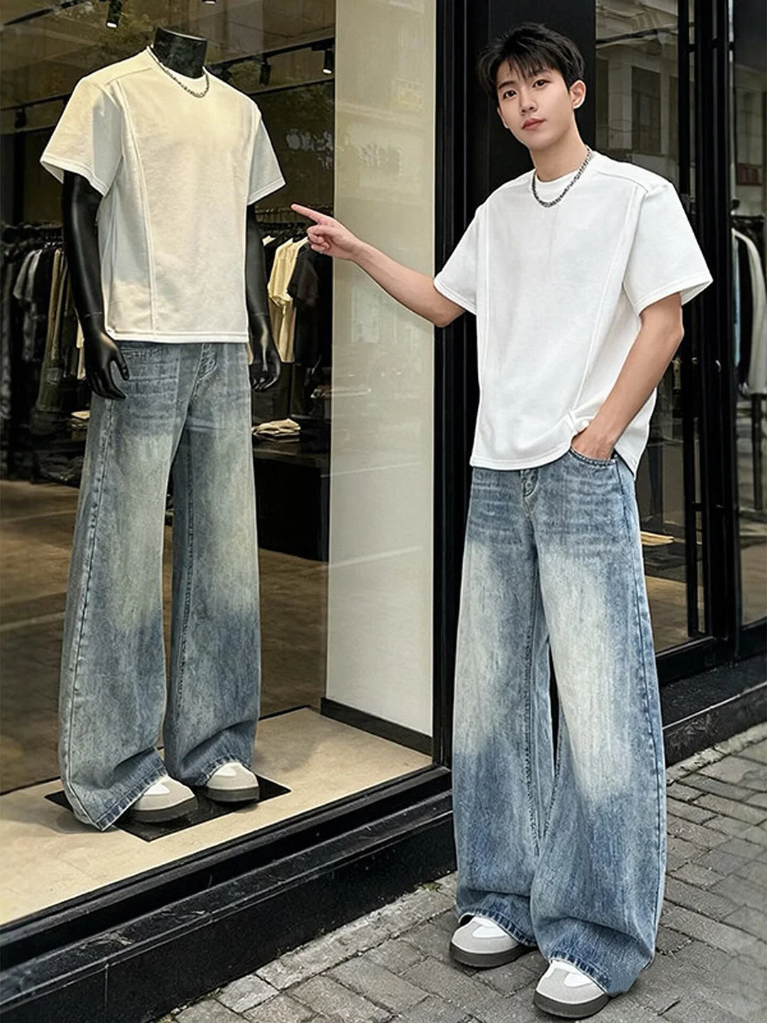 

Blue Washed Bamboo Texture Men's Summer Cleanfit American High Street Straight Leg Wide Leg Jeans Knife Denim Pants