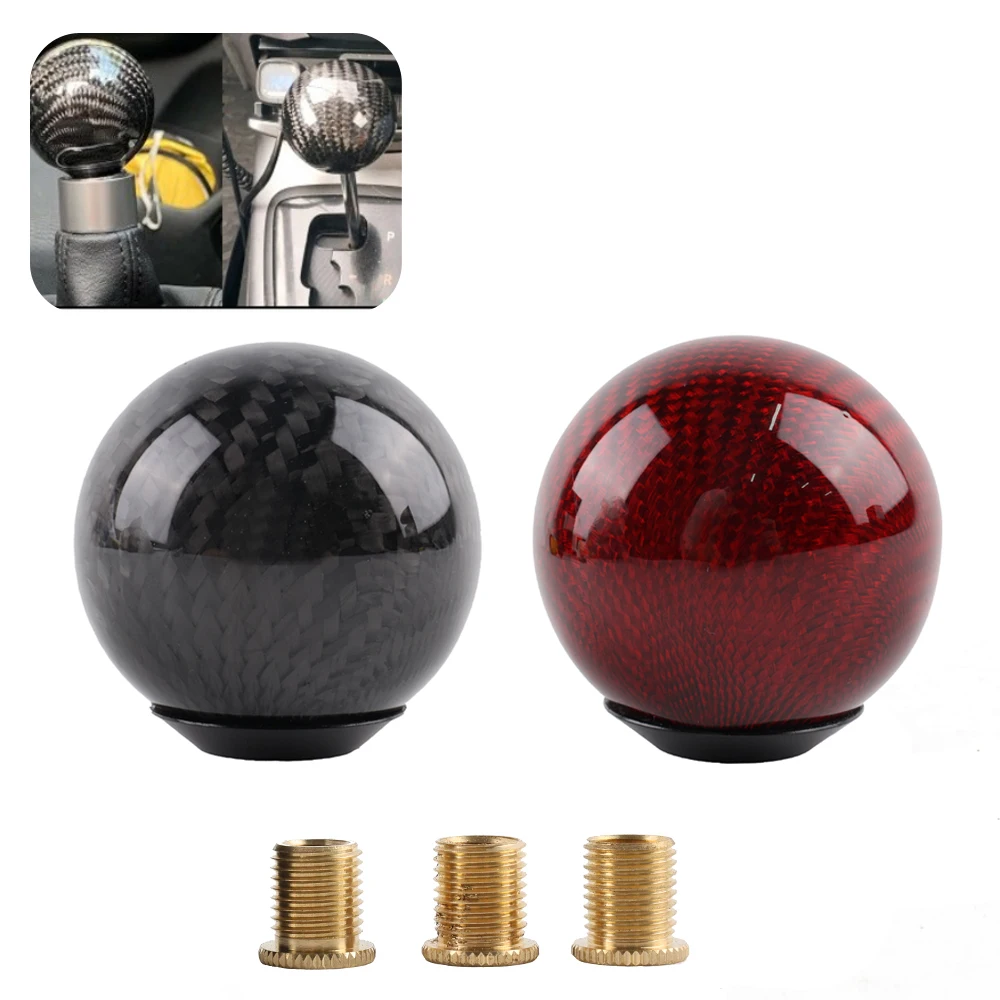 Red Black Carbon Fiber Ball Shape Car Gear Shift Knob Shifter Head w/3 Adapter Universal