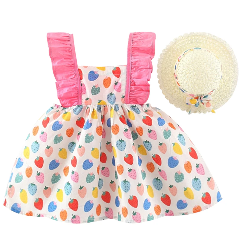 

2Piece Set Summer Baby Girls Dresses Korean Cartoon Cute Strawberry Print Sleeveless Beach Dress+Sunhat Newborn Clothes BC636